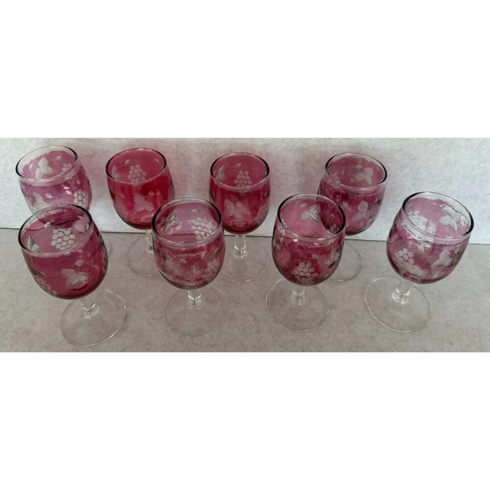 Rose Colored and Grape Etched Wine Glasses